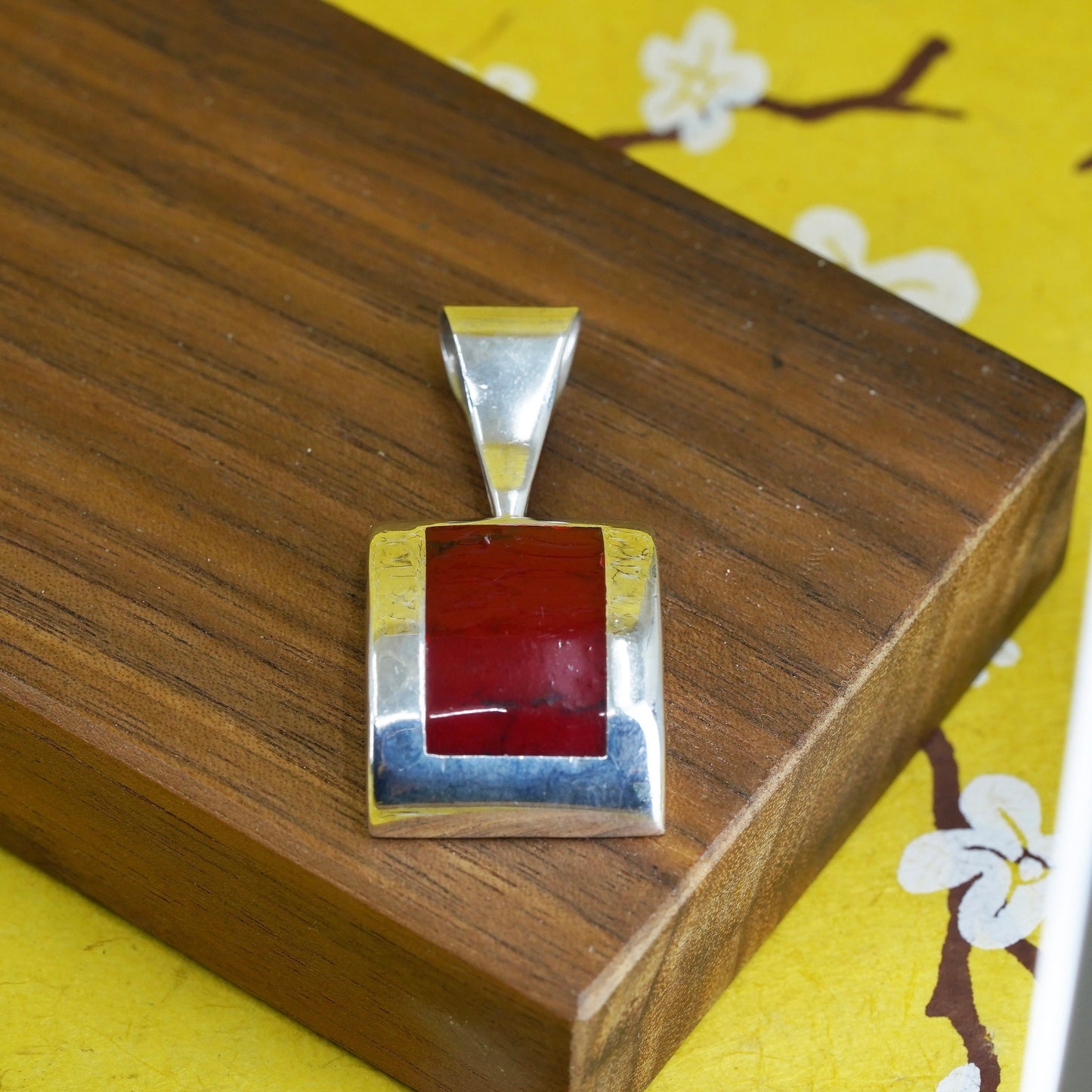 Vintage Sterling 925 silver handmade rectangular pendant with red jasper