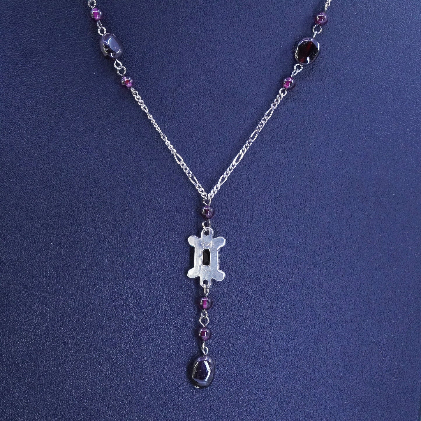 17", Sterling silver necklace, Italy 925 figaro chain with garnet pendant