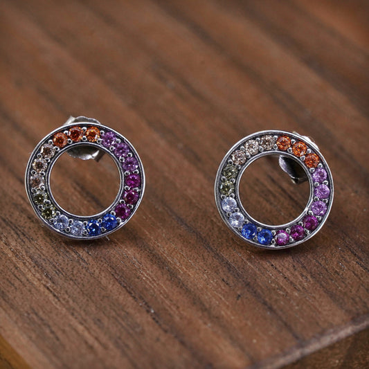 Vintage Sterling 925 silver cluster rainbow Cz studs earrings