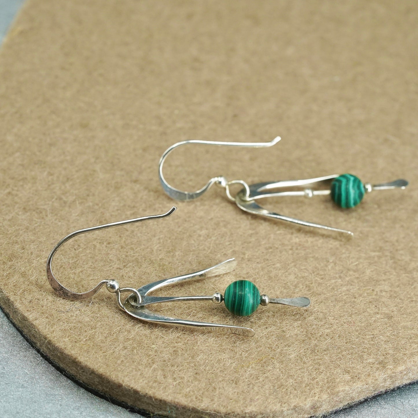 Vintage Sterling 925 silver handmade earrings with malachite beads