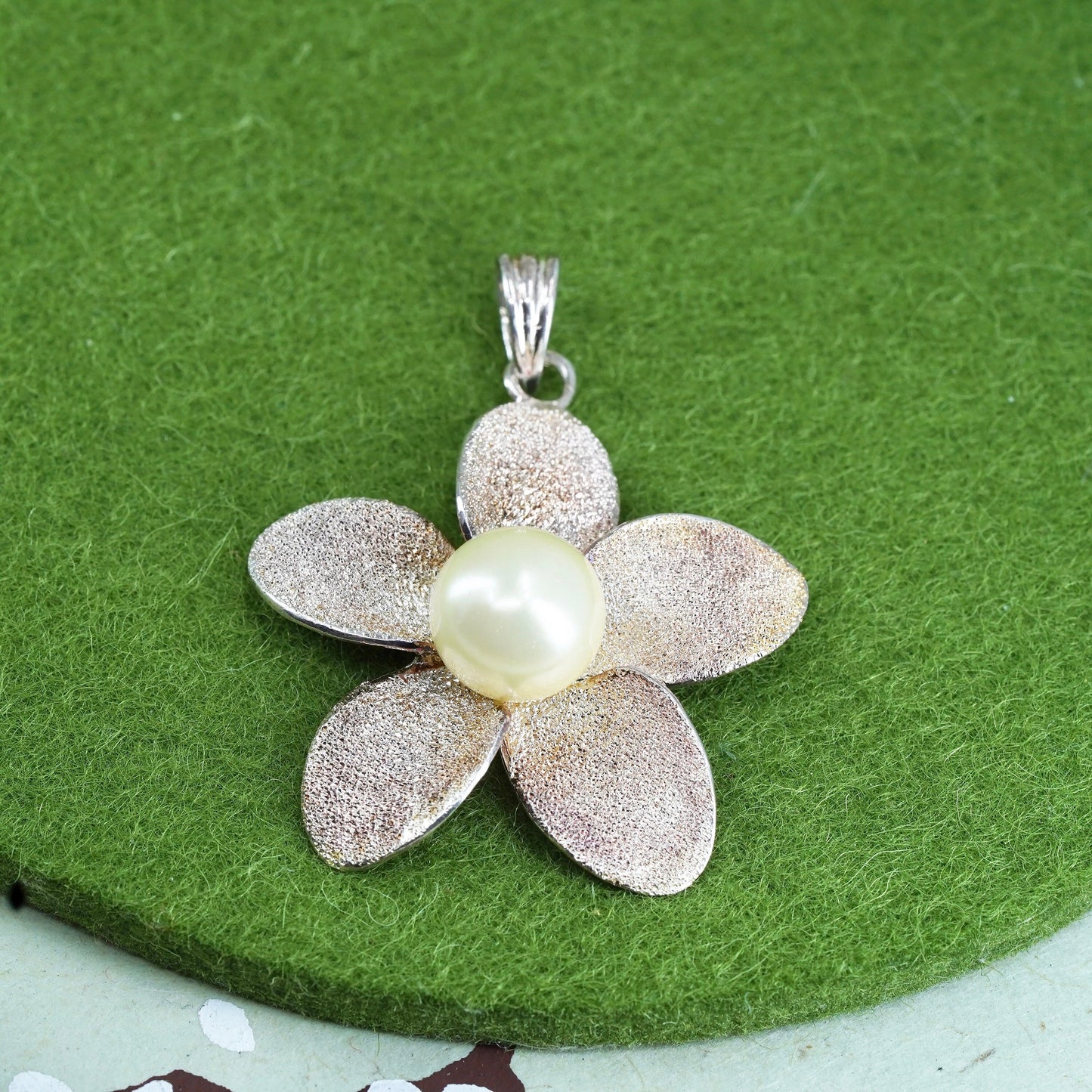 Sterling silver handmade pendant, glittering 925 plumeria flower charm pearl