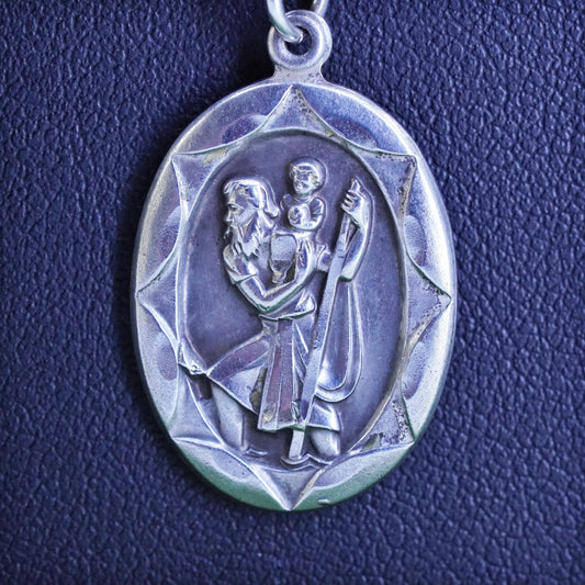 24”, sterling oval, 925 silver necklace pendant Saint Christopher protect us