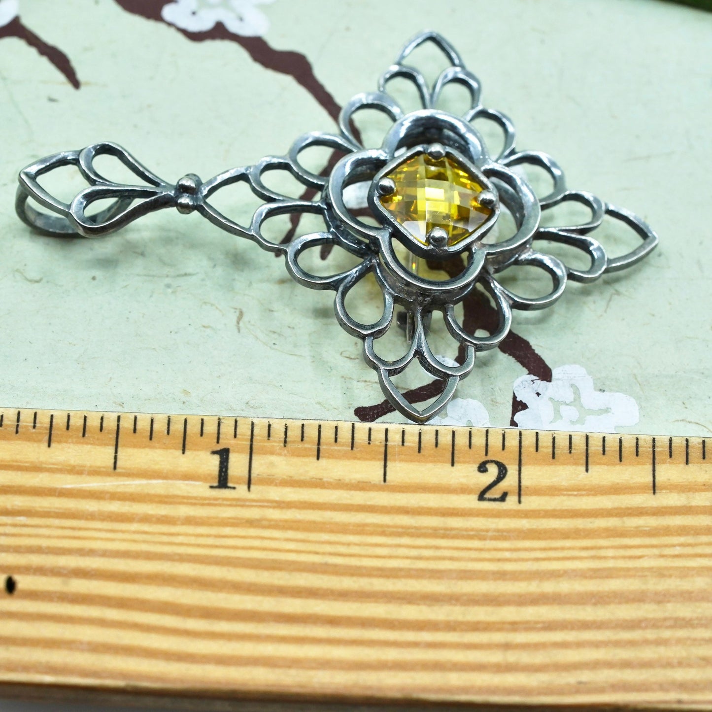 sterling silver handmade brooch, 925 floral filigree snowflake pendant citrine