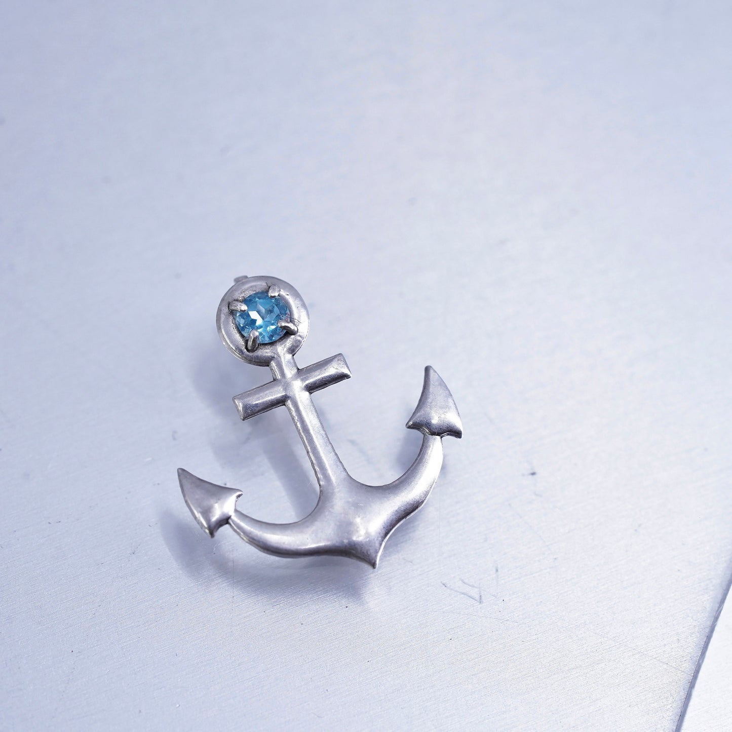 Vintage Italy Sterling 925 silver anchor pendant with blue crystal, stamped 925