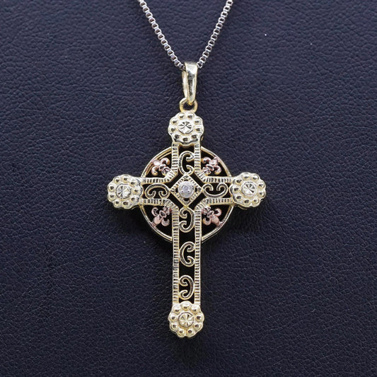 18”, vermeil yellow gold Sterling silver necklace, 925 cross pendant diamond