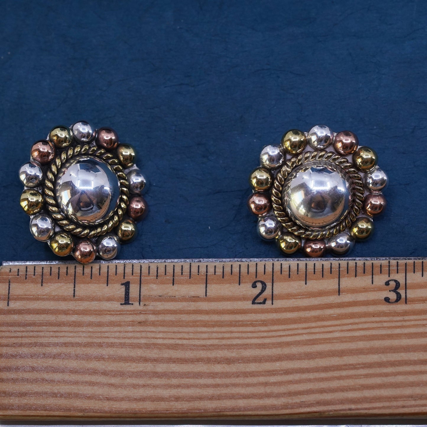 Vintage triple tone Sterling silver handmade earrings, 925 flower studs beads