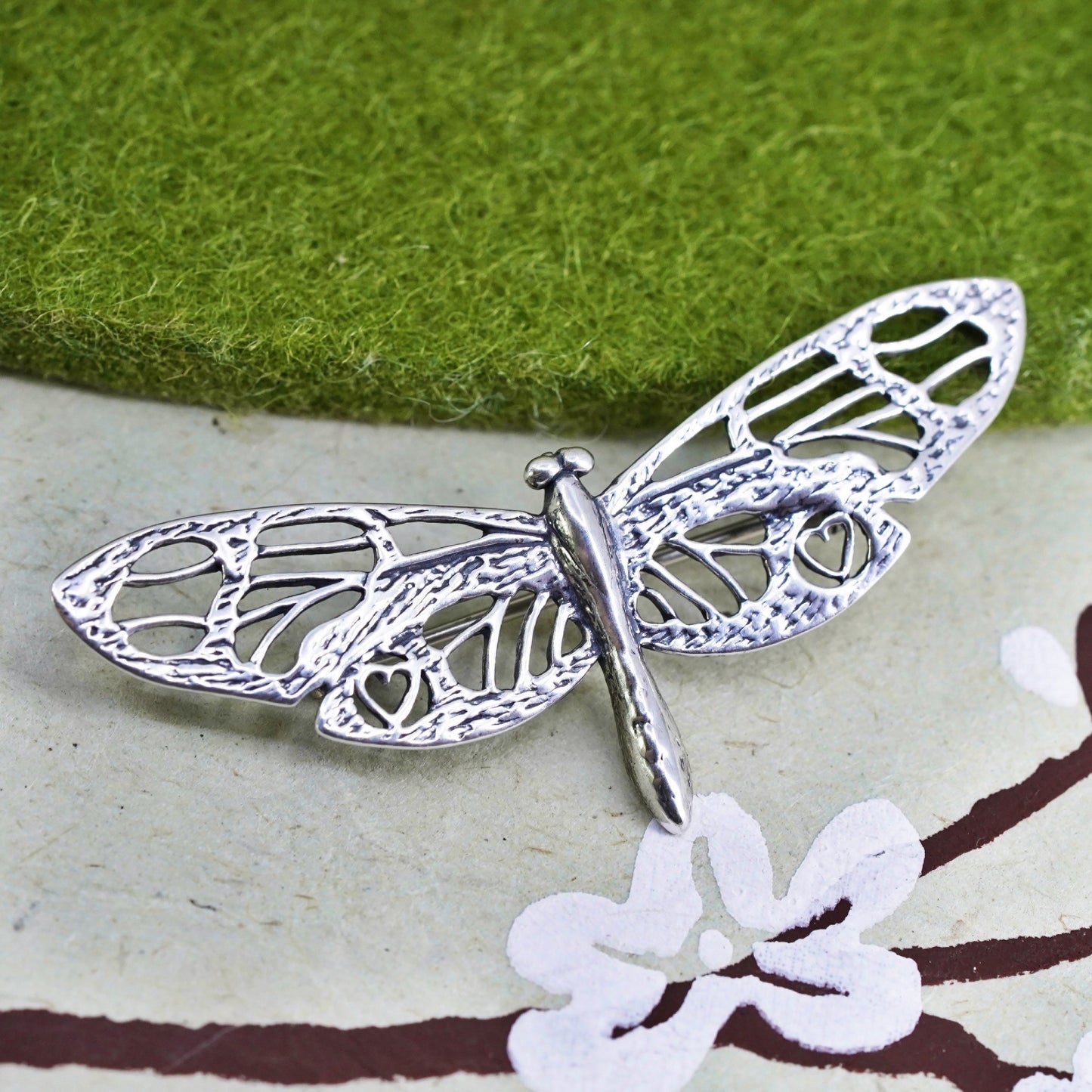 Vintage Sterling silver handmade brooch, filigree 925 dragonfly pin