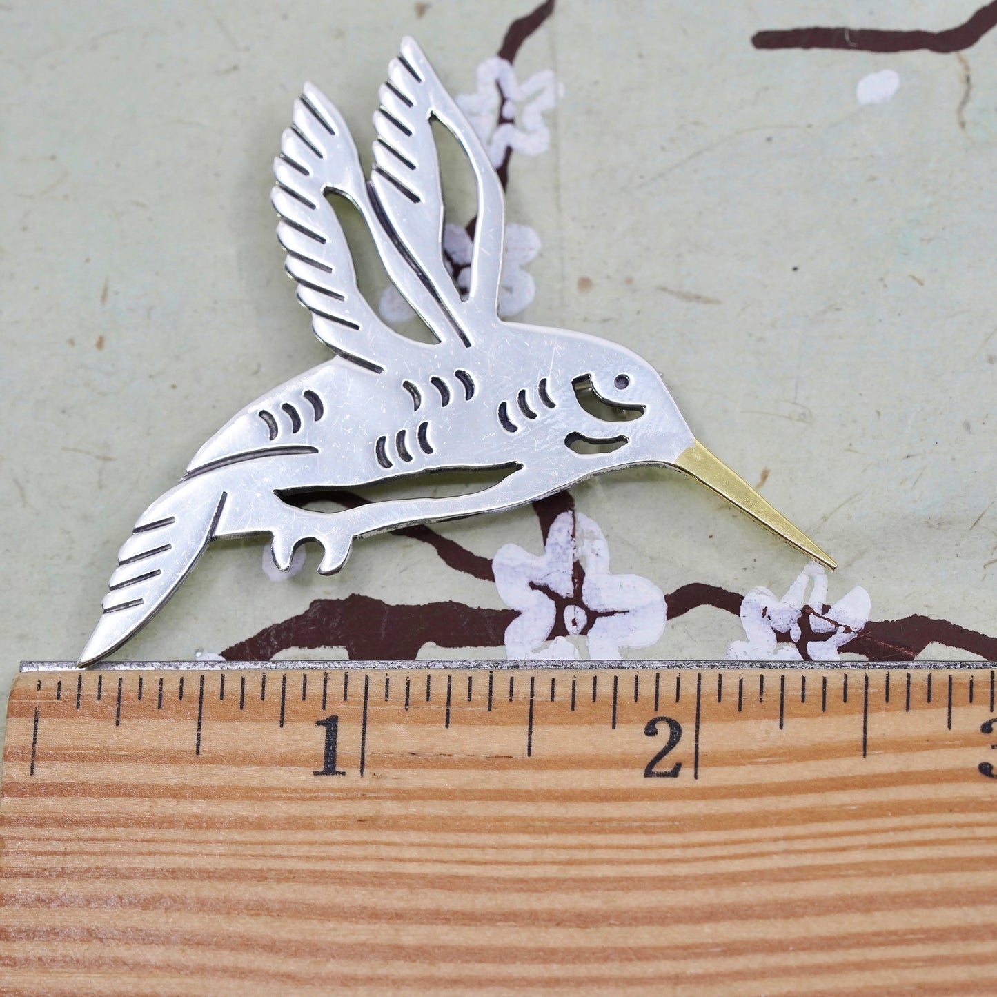 Vintage two tone Sterling silver handmade brooch, 925 hummingbird bird pendant