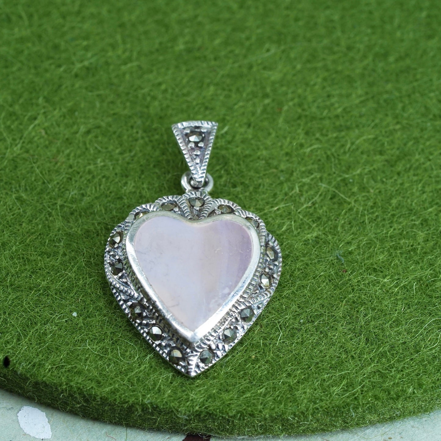 sterling 925 silver handmade heart pendant with mother of pearl and marcasites