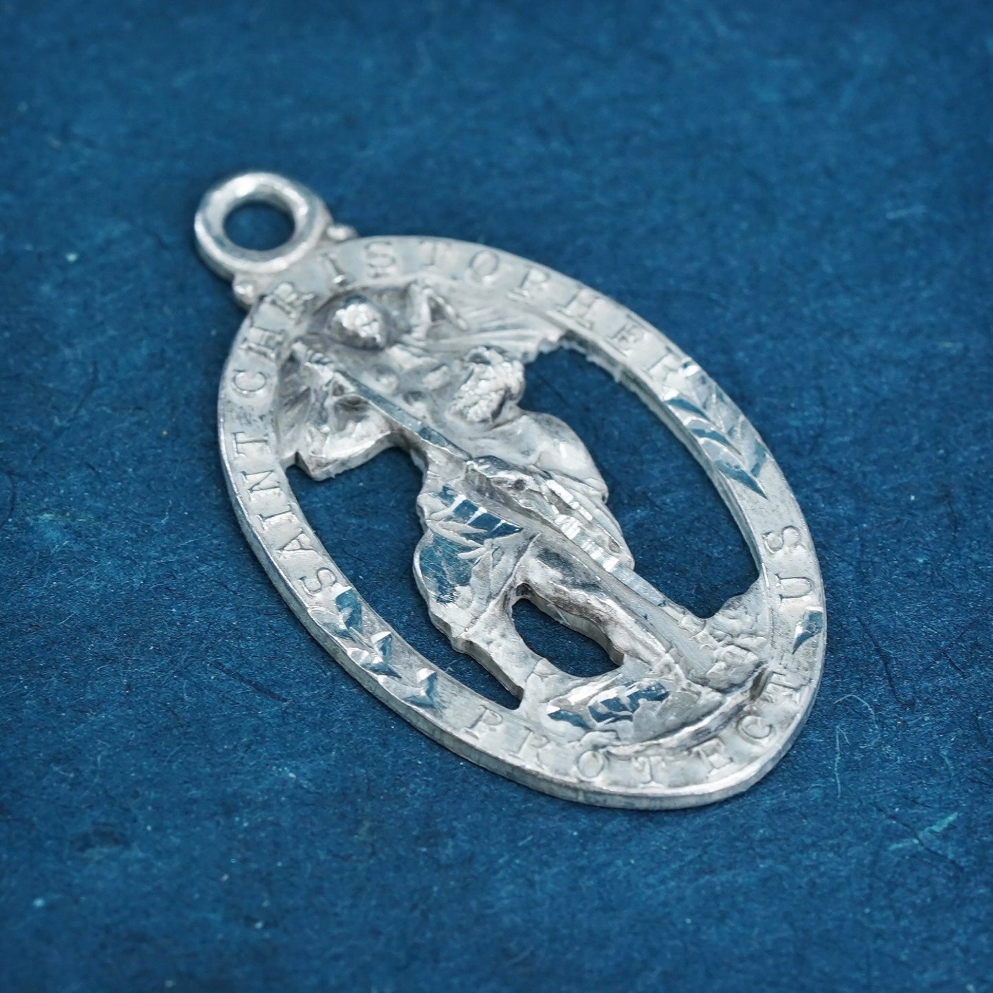 Vintage sterling 925 silver tag pendant, Saint Christopher protect us charm