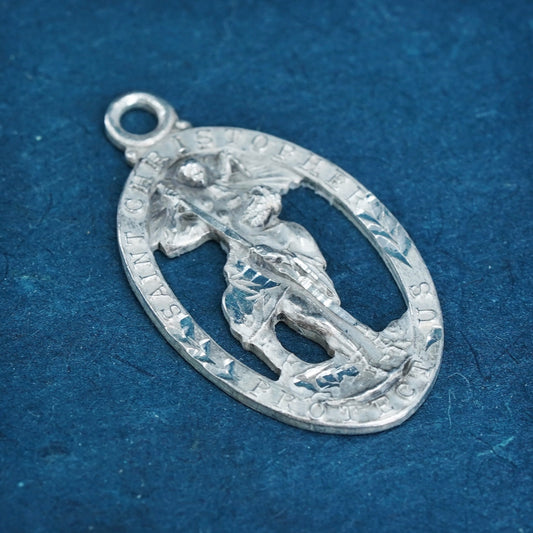 Vintage sterling 925 silver tag pendant, Saint Christopher protect us charm