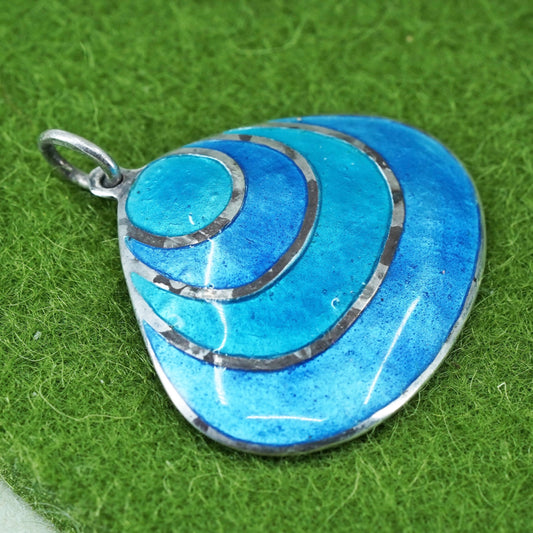 Vintage Sterling 925 silver handmade shell pendant with blue enamel