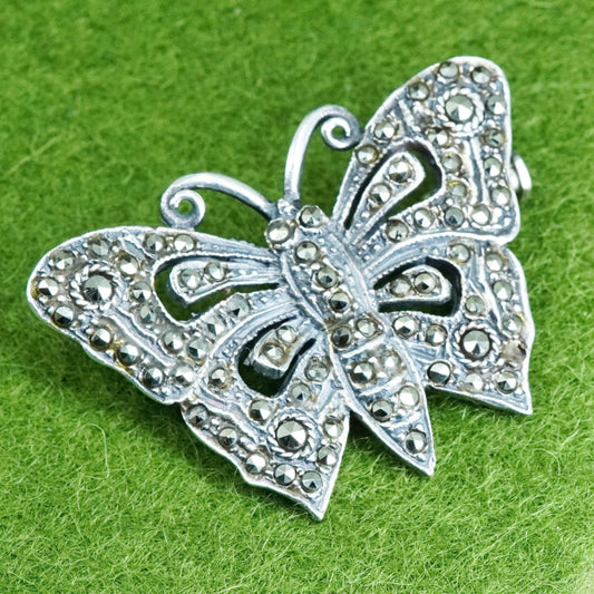 Vintage Sterling 925 silver handmade butterfly brooch with marcasite