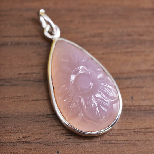 Sterling 925 silver handmade pendant with carved teardrop pink rose quartz