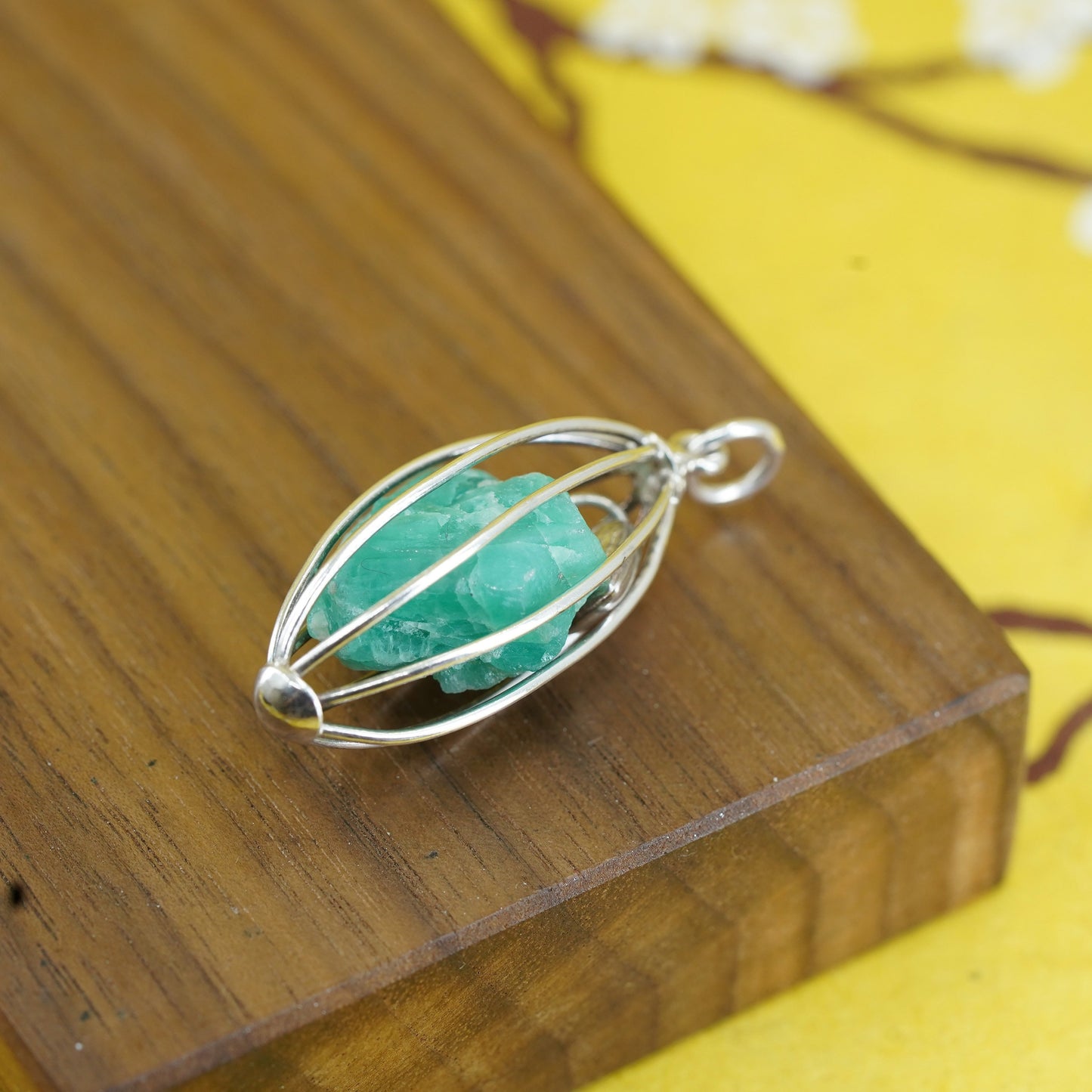 Vintage 925 handmade cage pendant with jade