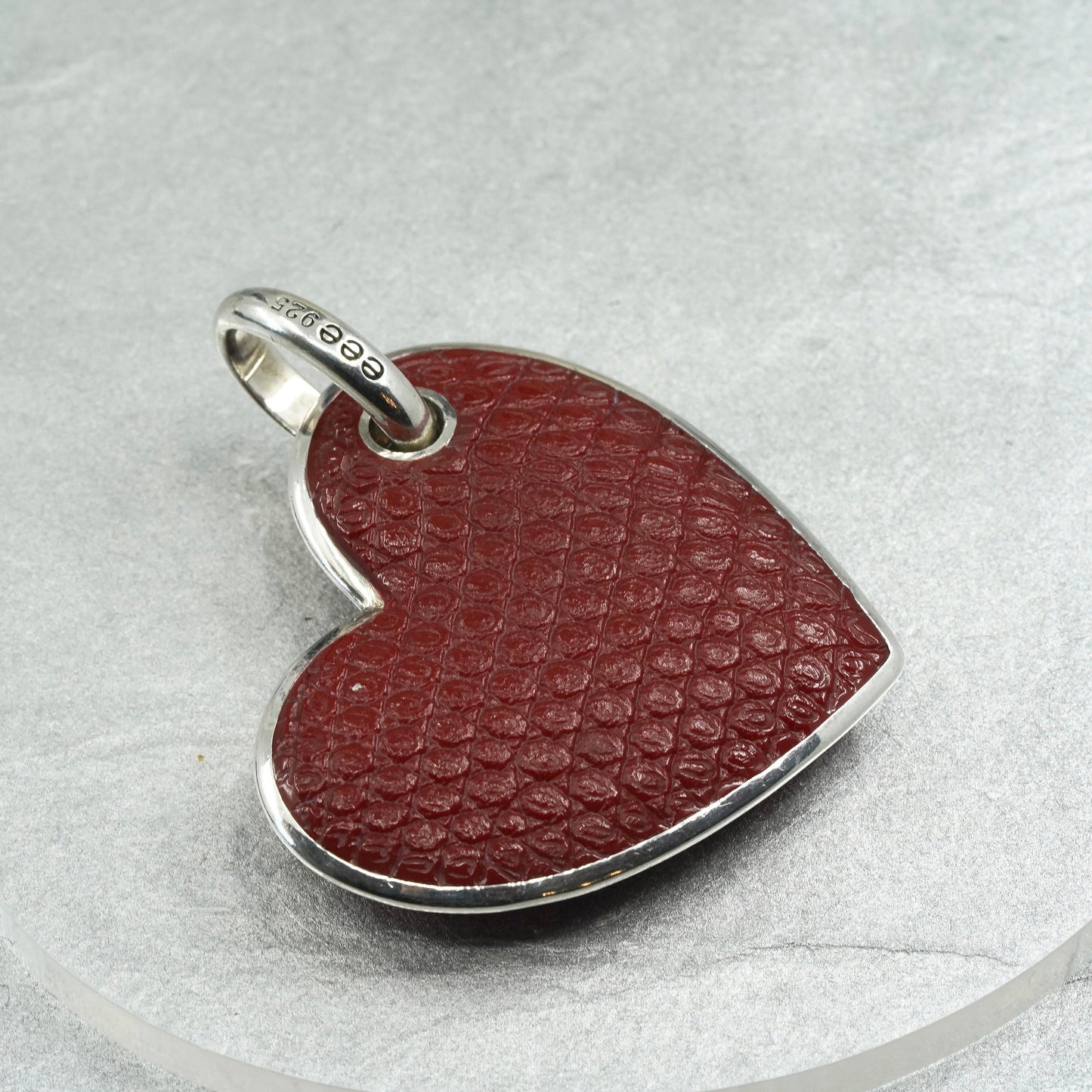 Vintage EEE sterling 925 silver red leather heart pendant