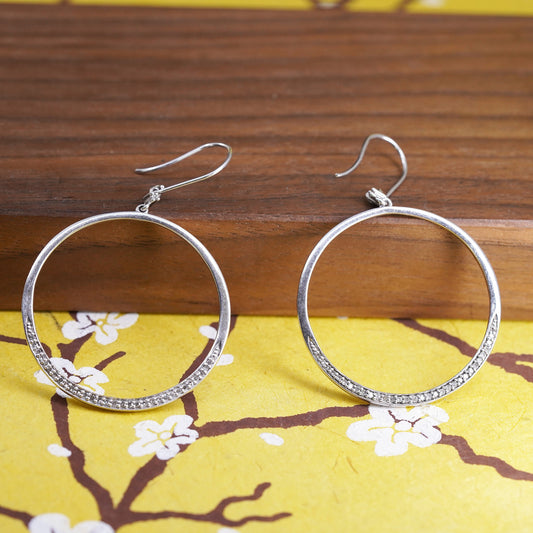 2", vintage Sterling silver handmade earrings, 925 circle hoops with diamonds