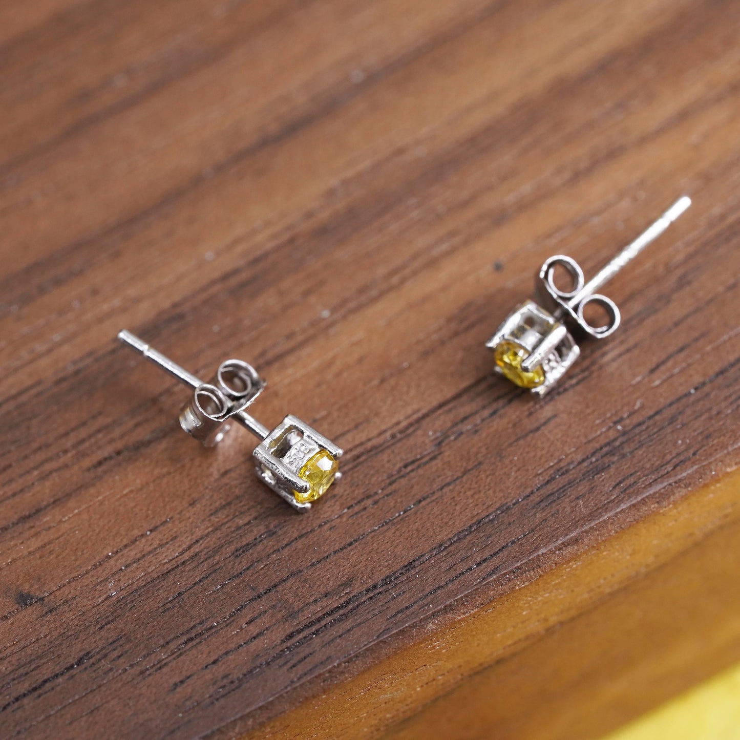 2mm, Vintage Sterling silver handmade earrings, 925 studs with citrine