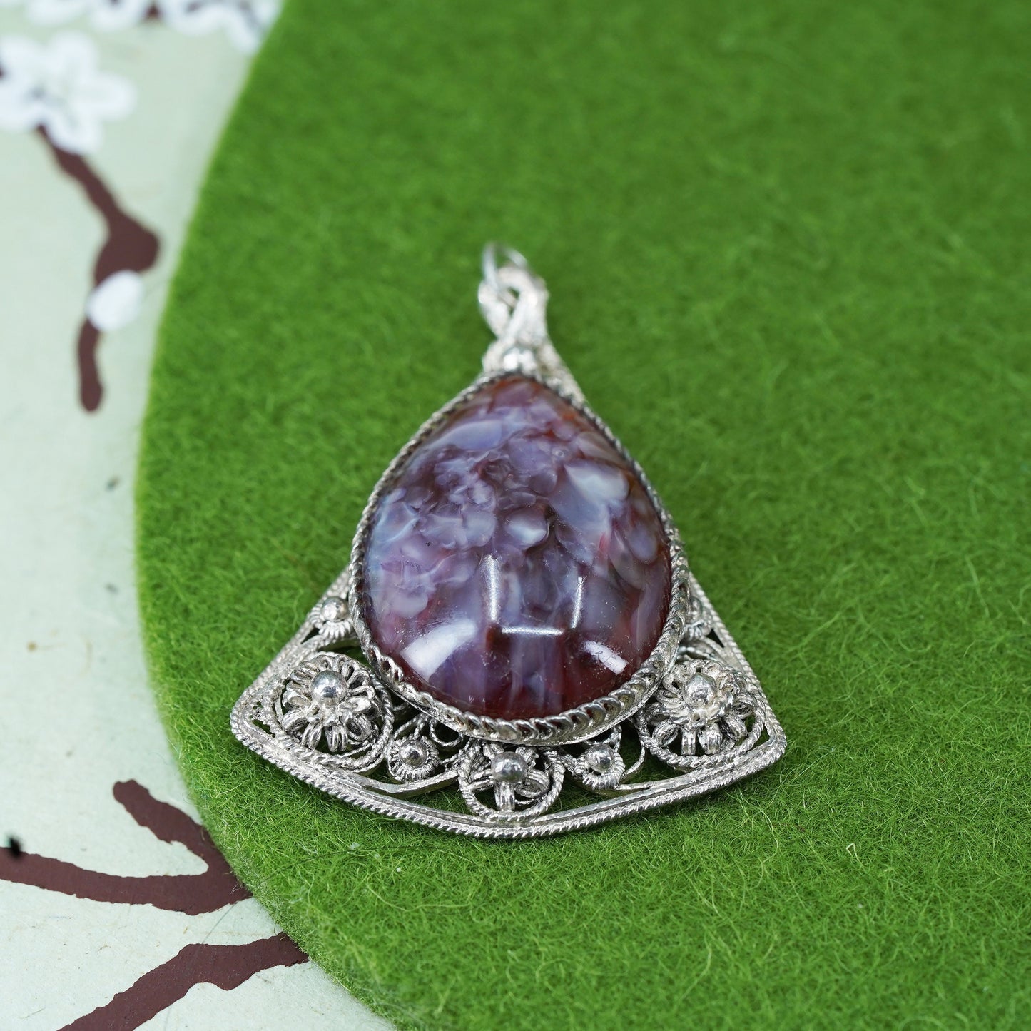 sterling silver 925 handmade filigree pendant with teardrop agate and flower