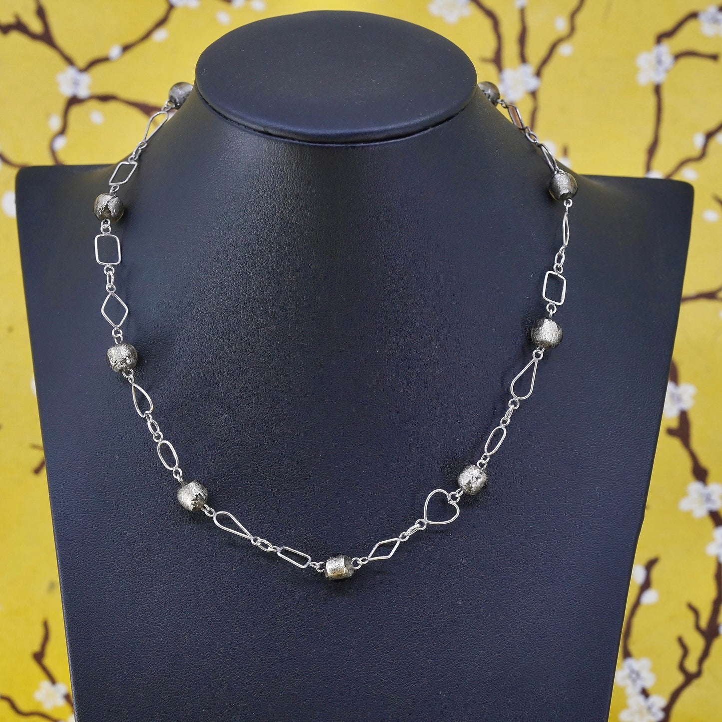 16", vintage sterling silver handmade necklace, 925 link chain with gray glass