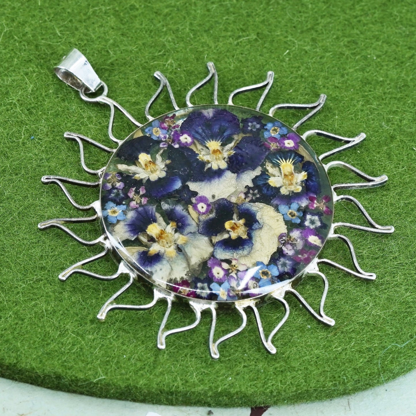 Vintage Sterling silver handmade pendant, huge 925 resin sun w/ flower pendant