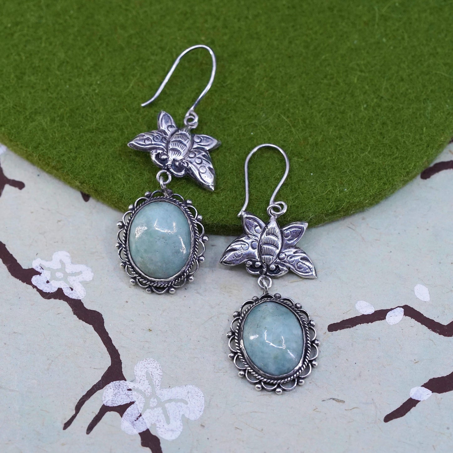 Vintage Sterling silver handmade earrings, 925 jade dangles with butterfly