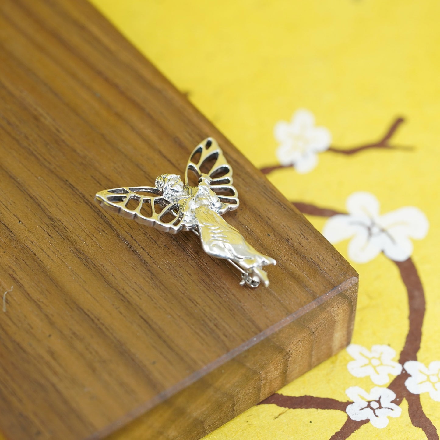 Vintage handmade sterling 925 silver angel brooch with butterfly wings