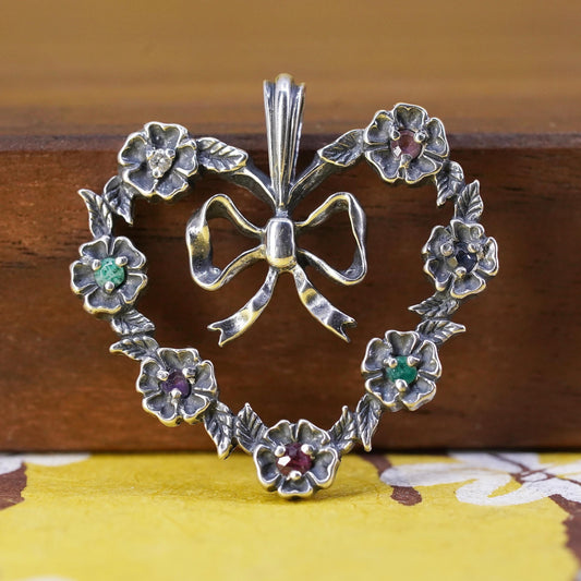 Sterling silver pendant, 925 flower heart ribbon charm emerald ruby sapphire