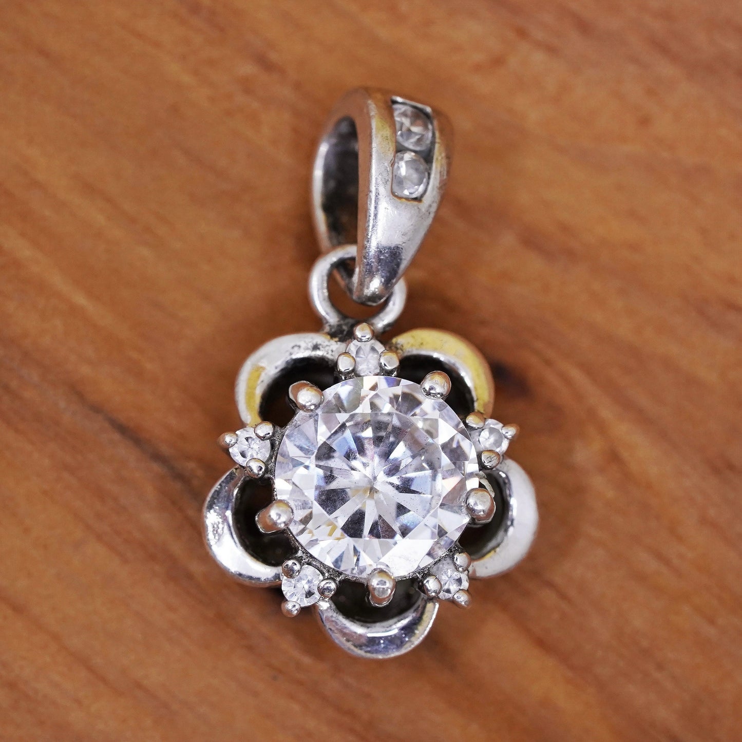 Vintage Sterling silver handmade flower pendant, 925 charm with Cz