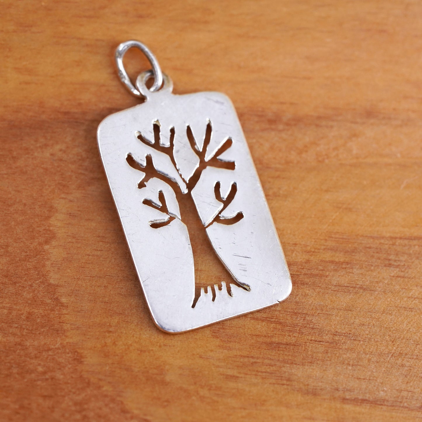 Vintage Sterling 925 silver handmade tag, tree cutout charm pendant