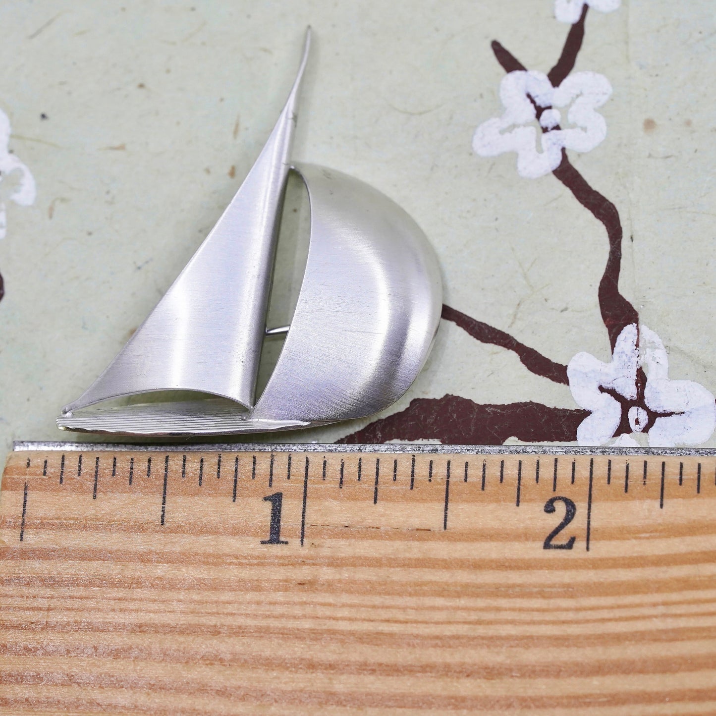 Vintage sterling silver handmade pin, matte 925 sailing boat brooch