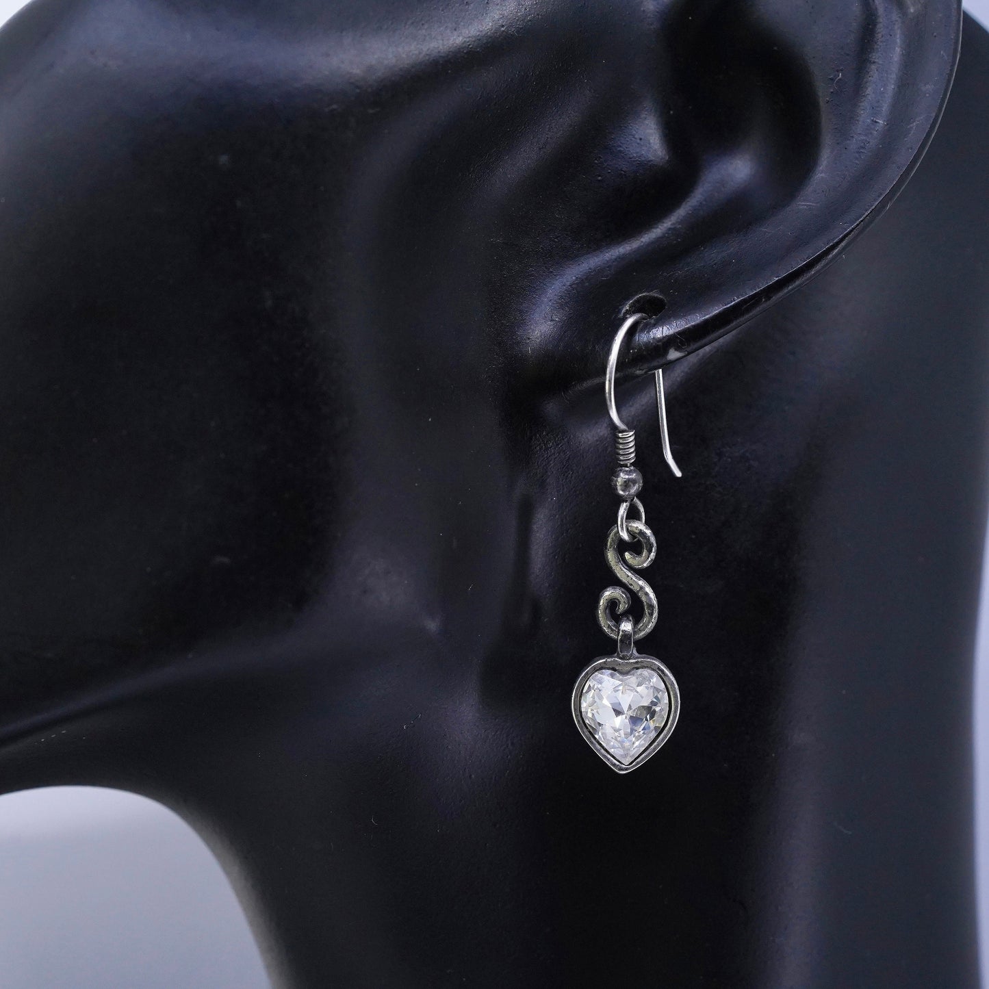 Vintage silver tone earrings with heart shaped cz