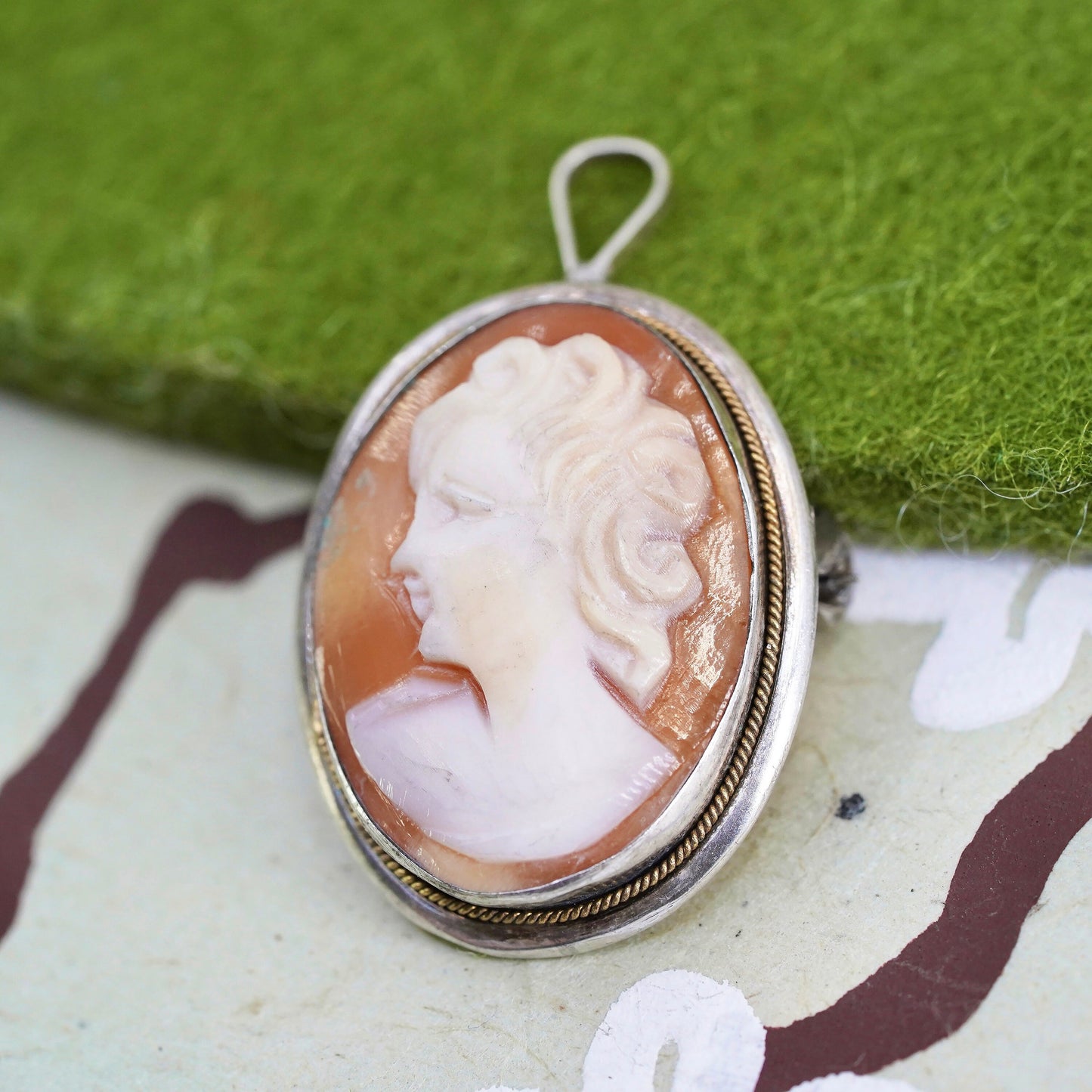 Germany Sterling silver handmade pendant, 800 oval brooch cameo carnelian girl