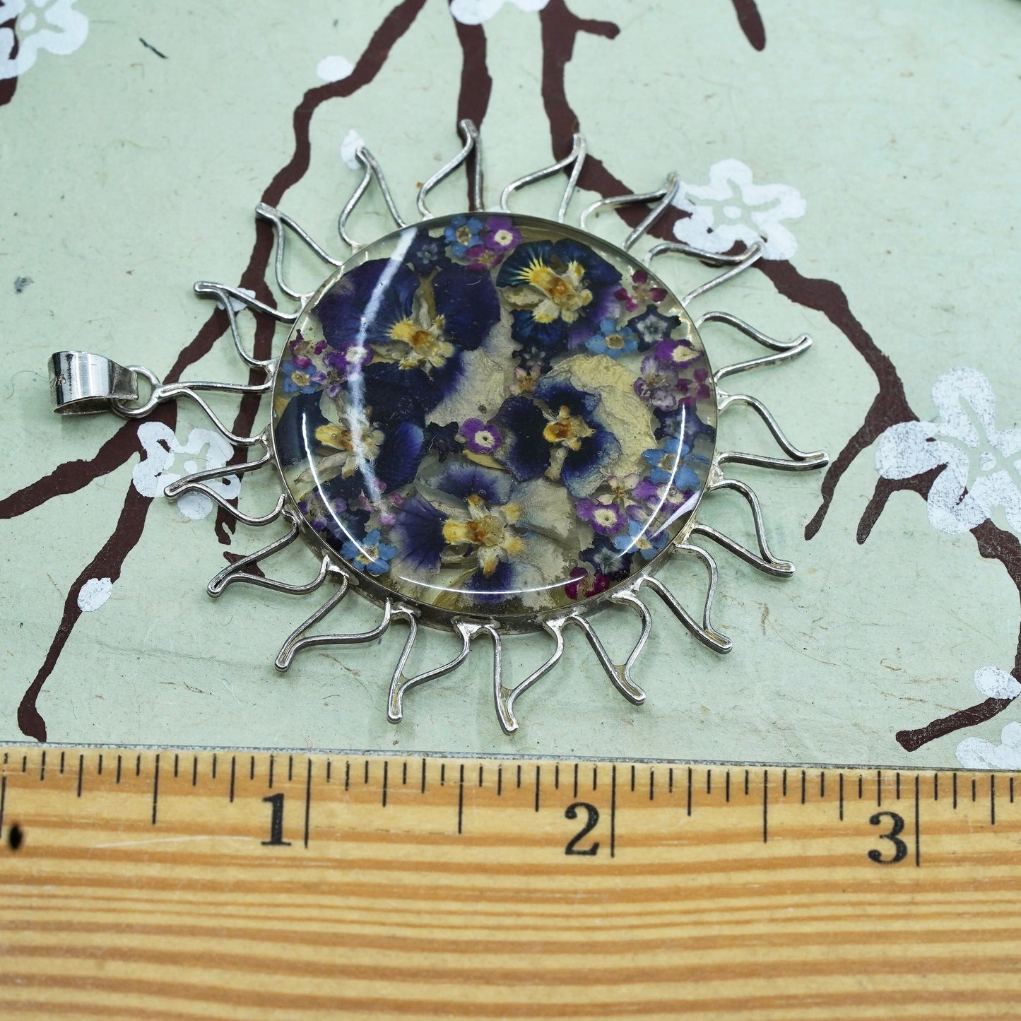 Vintage Sterling silver handmade pendant, huge 925 resin sun w/ flower pendant