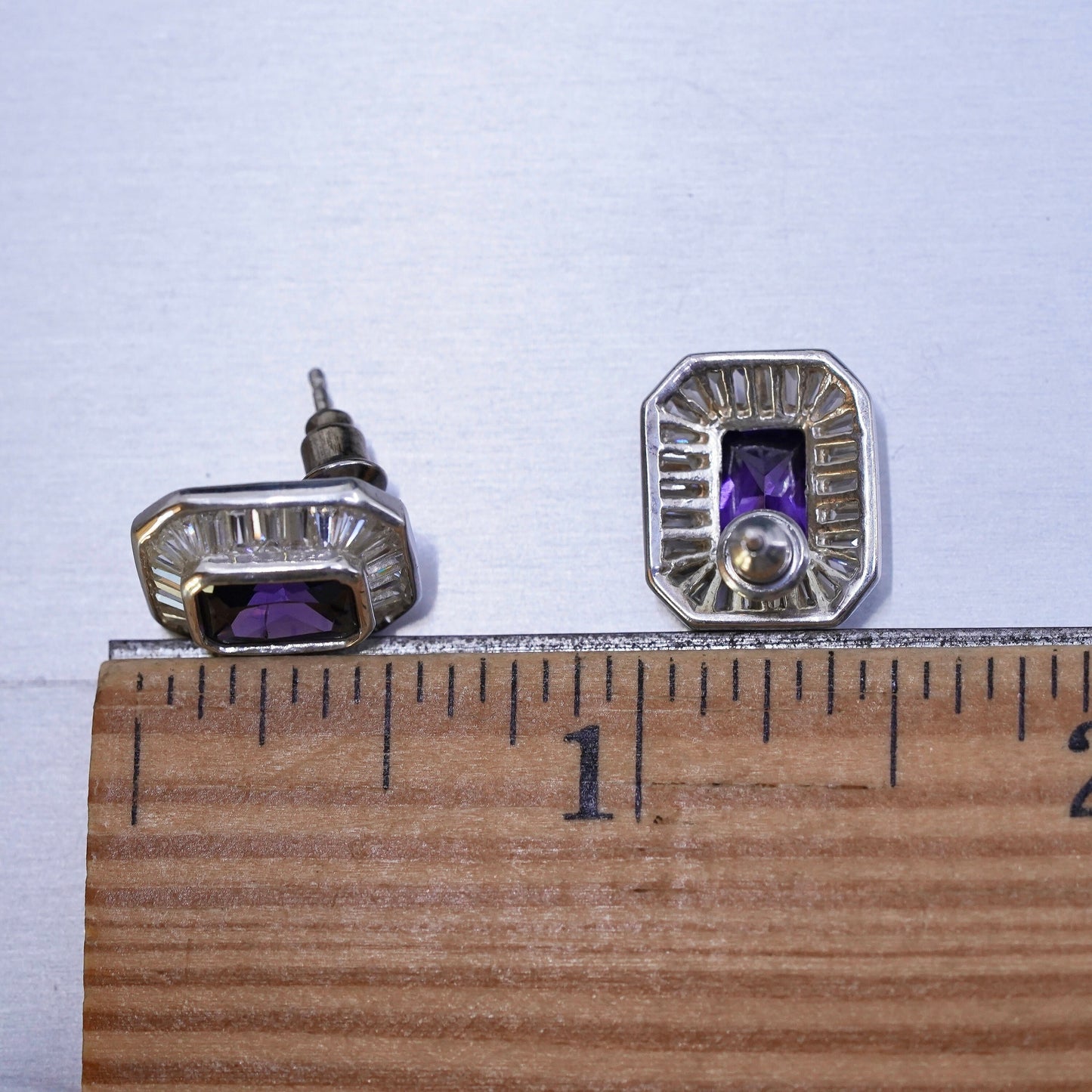 Vintage sterling silver earrings, 925 studs with emerald cut amethyst and cz