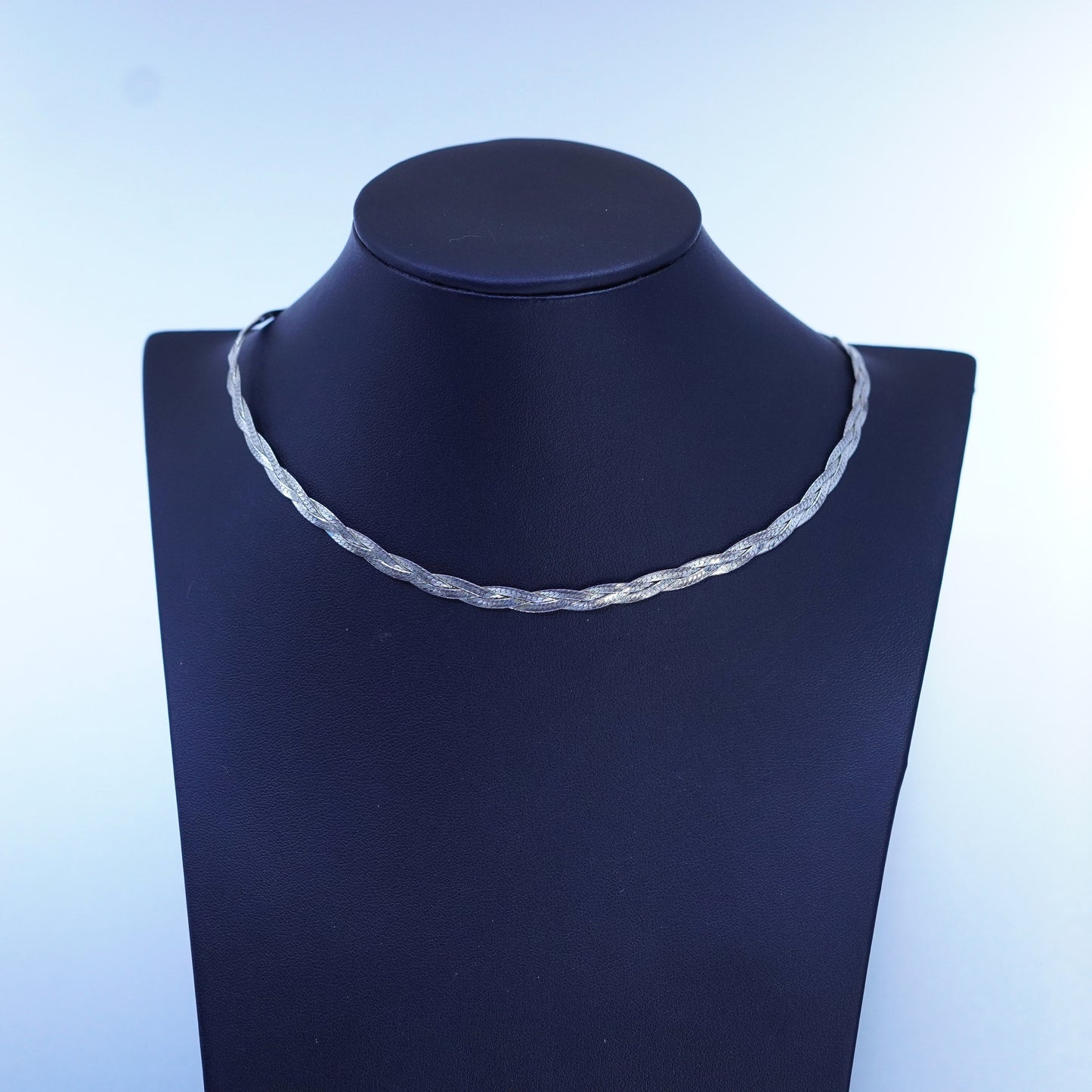 18”, vintage Italy Sterling 925 silver woven braided herringbone chain necklace