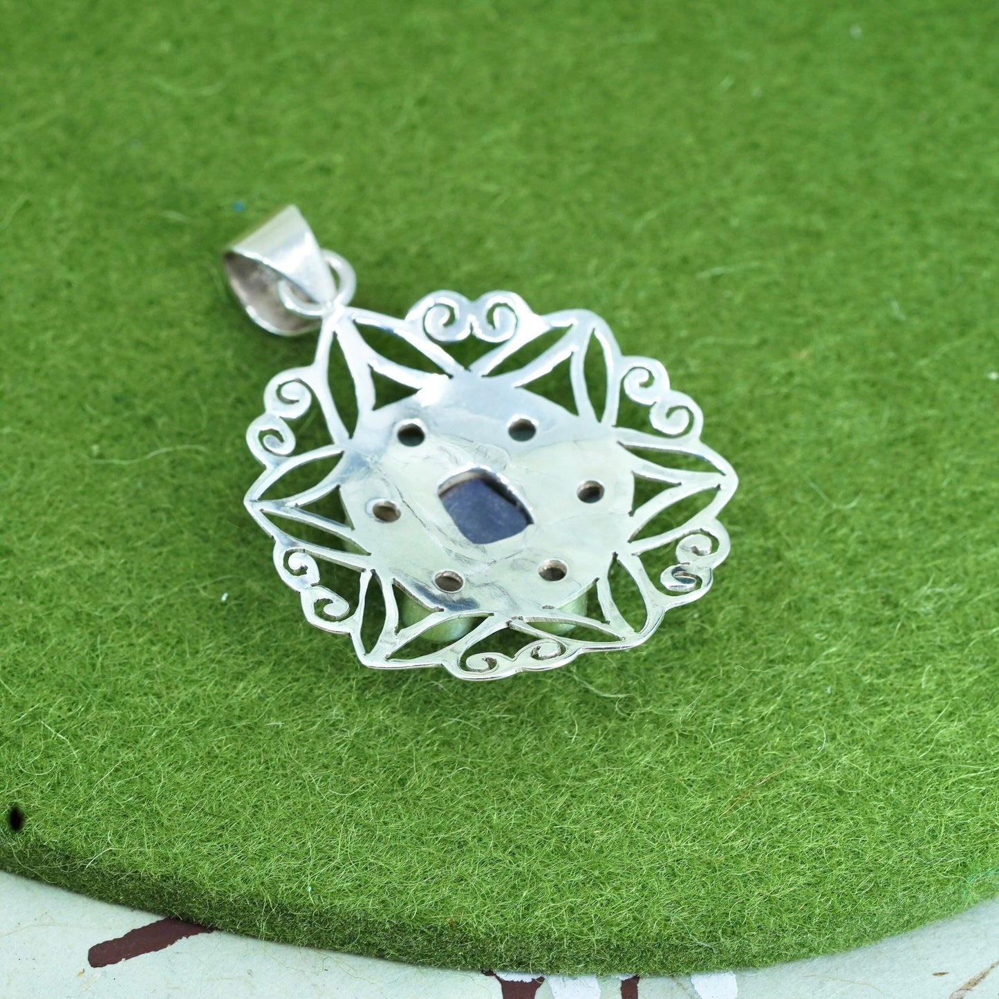 sterling silver handmade snowflake pendant, with blue druzy stone and Larimar