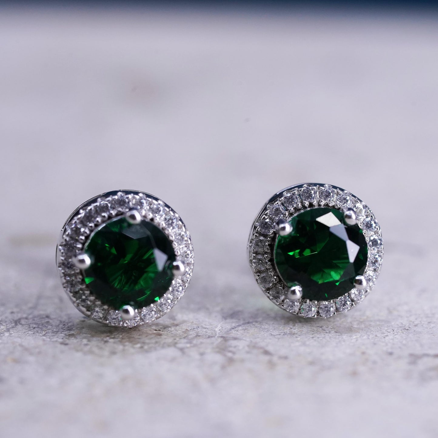 Vintage sterling silver handmade earrings, 925 studs with emerald and diamond