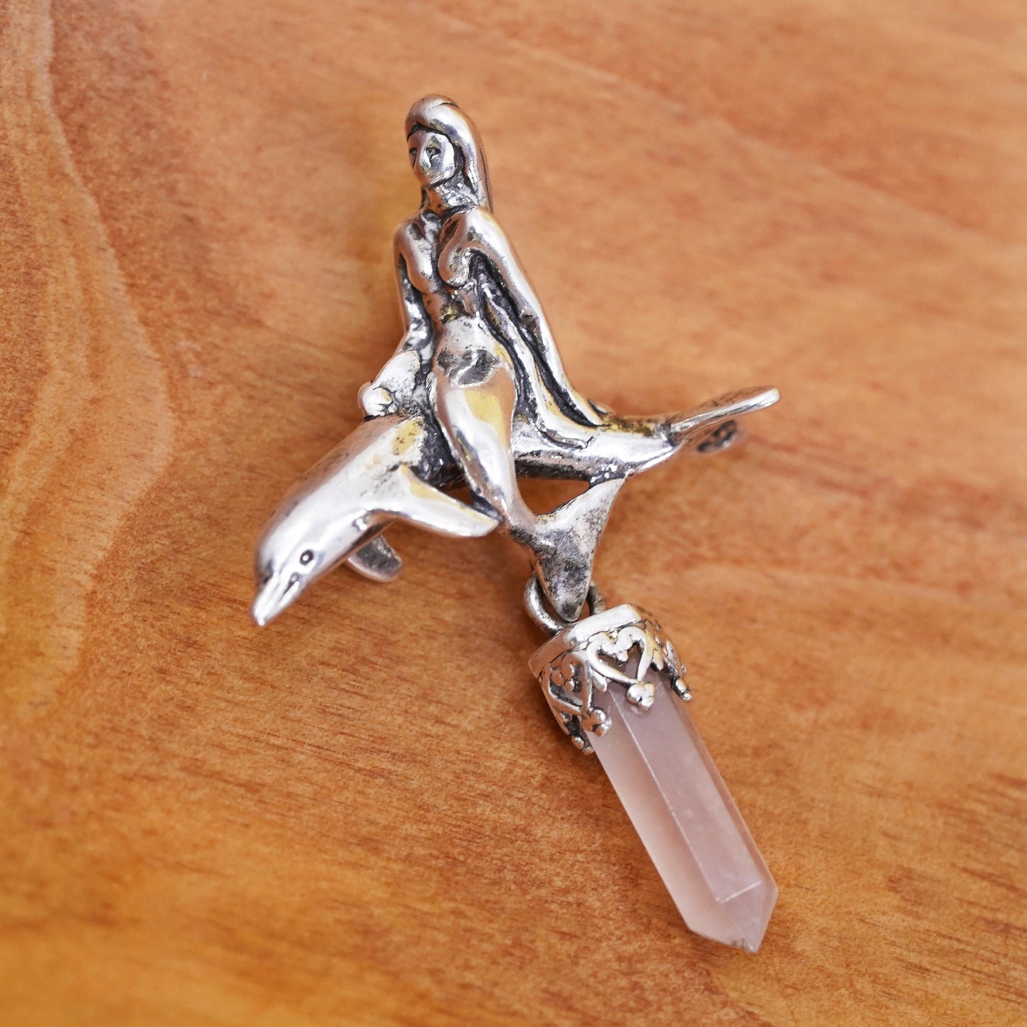 sterling 925 silver healing rose pink quartz crystal pendant mermaid dolphin