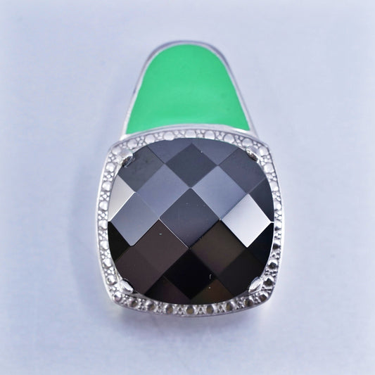 jewelry sterling 925 silver pendant with checkerboard cut hematite green enamel