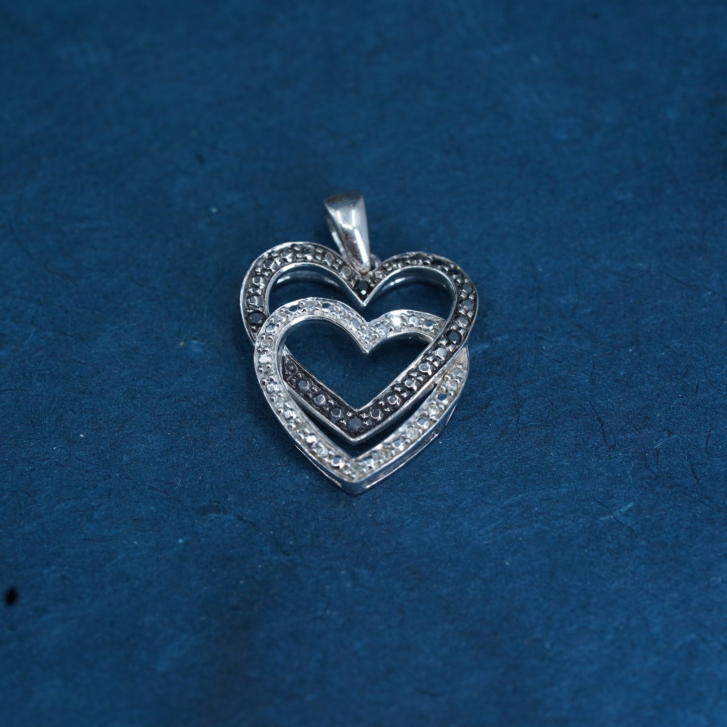 Vintage two tone Sterling silver handmade pendant, 925 double heart w/ diamond