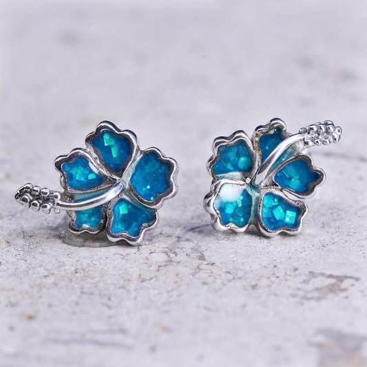 Vintage Hawaiian sterling silver earrings, 925 hibiscus flower studs with opal