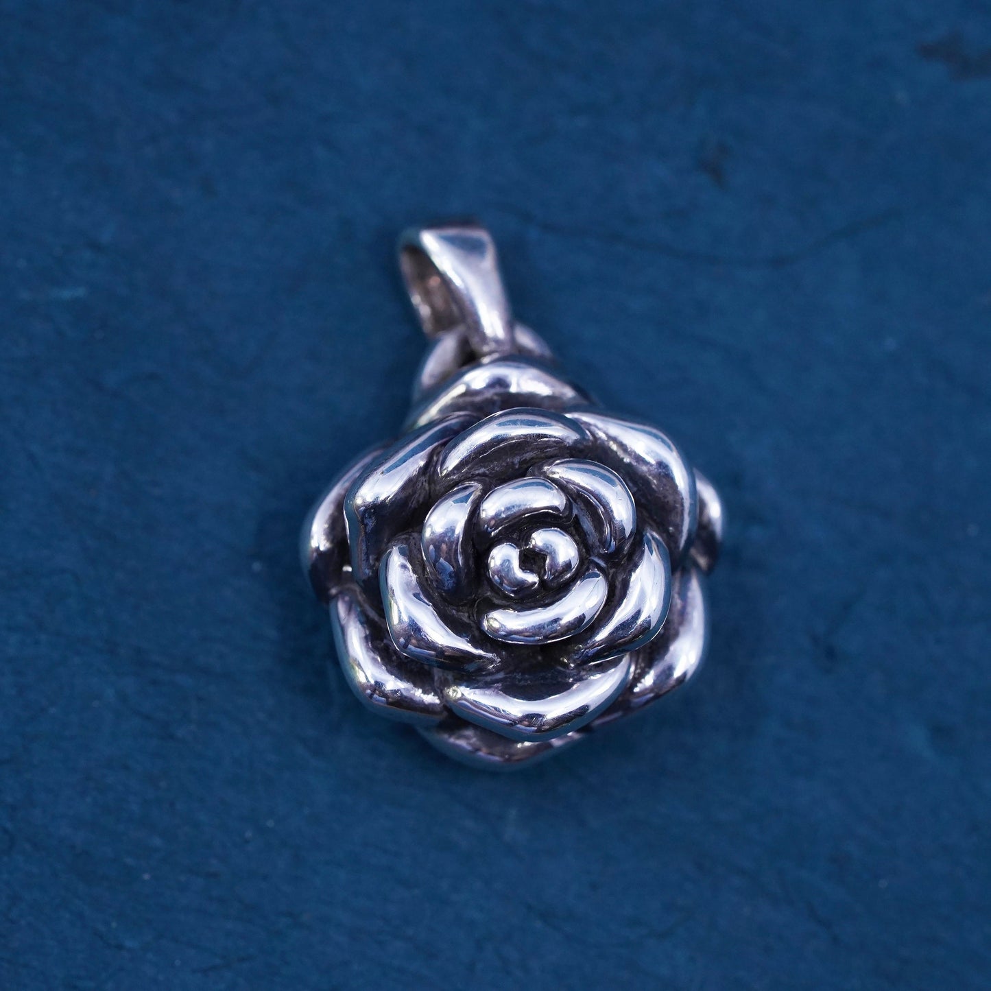 Vintage Sterling silver handmade pendant, puffy 925 rose flower