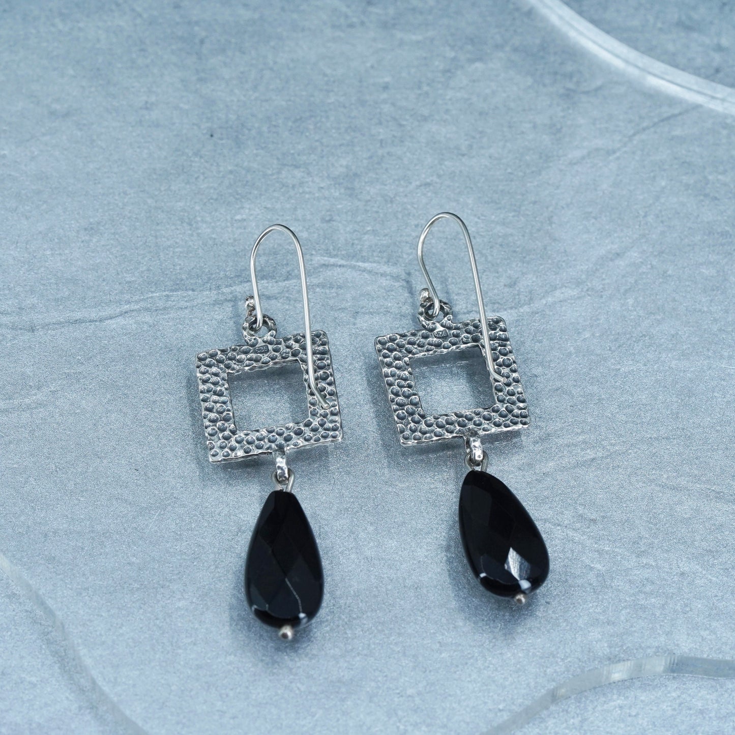 Vintage Sterling silver handmade earrings, 925 square w/ teardrop onyx dangles