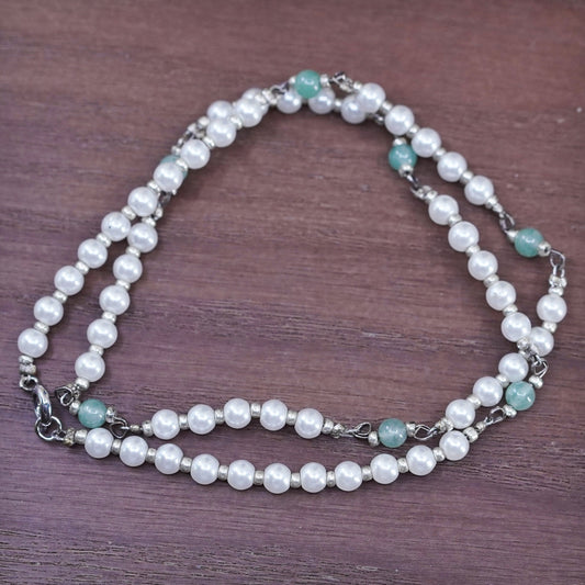 16”, Sterling silver 925 handmade necklace with 4mm freshwater pearl and jade