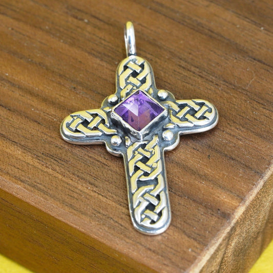 Vintage Sterling silver handmade pendant, textured 925 cross charm w/ amethyst