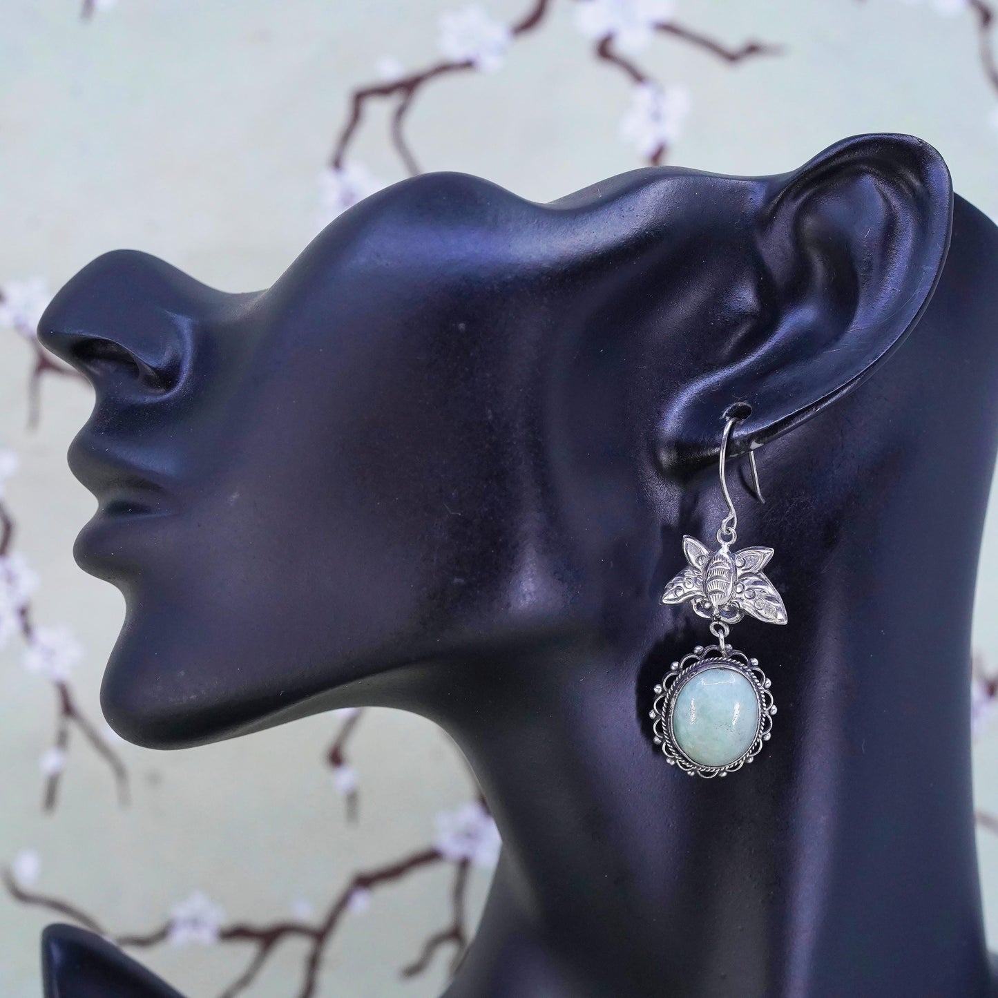 Vintage Sterling silver handmade earrings, 925 jade dangles with butterfly