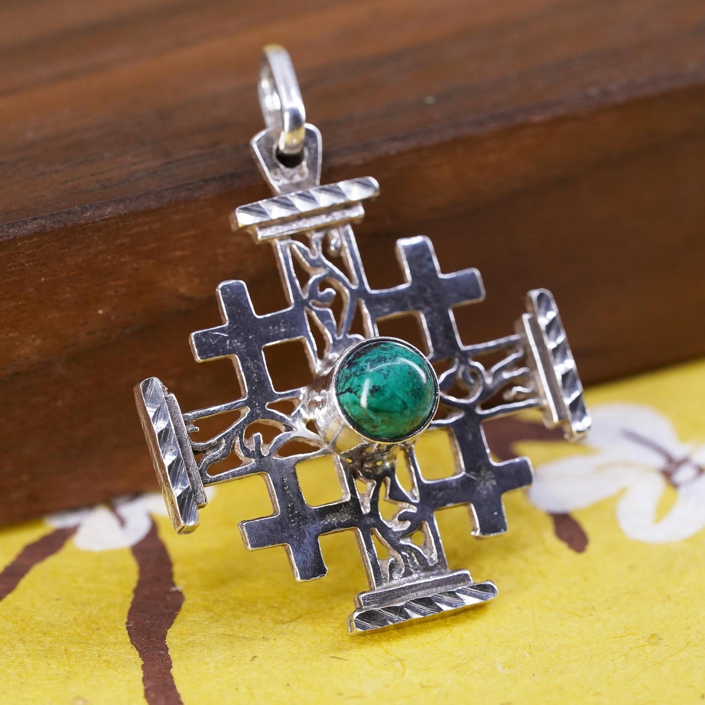 Vintage Sterling silver handmade pendant, 925 Jerusalem cross with turquoise