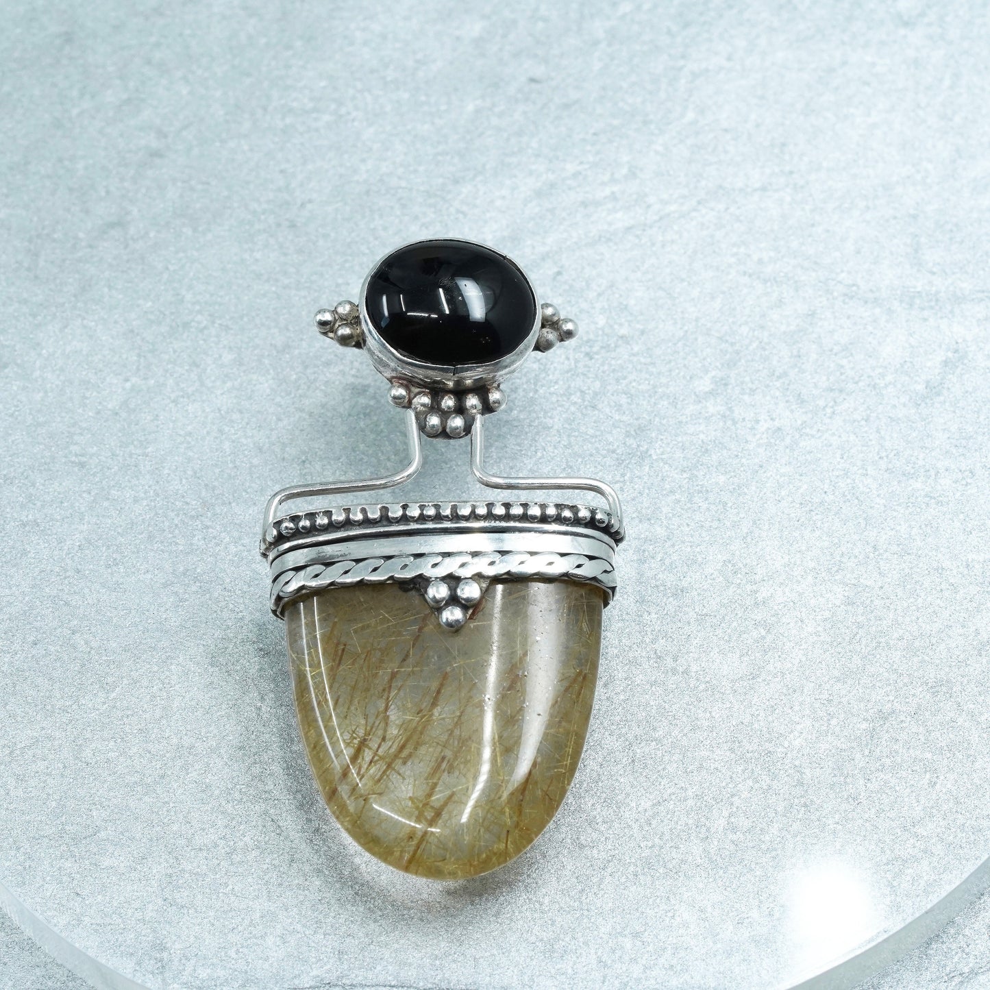 Vintage sterling 925 silver handmade pendant with rutilated quartz and onyx