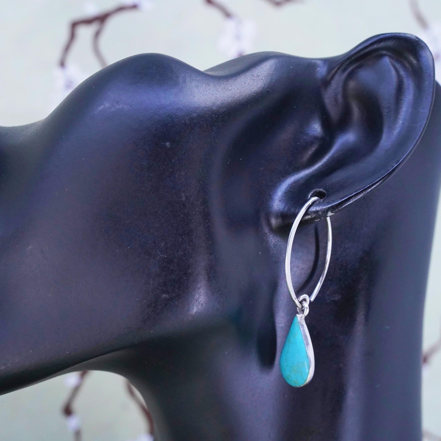 Vintage sterling 925 silver handmade teardrop earrings with turquoise